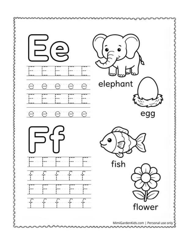 alphabet tracing and coloring pages - Letter e,f