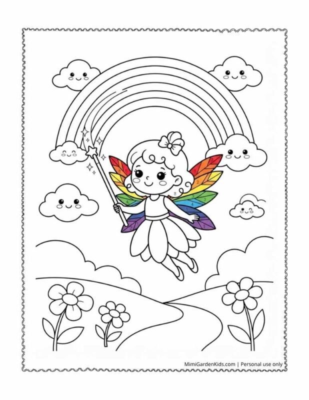 Cute Fairy and Rainbow coloring pages