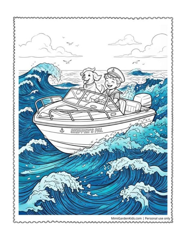 coloring pages speed boats - boy and dog