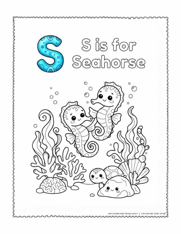 seahorse and letter S color pages