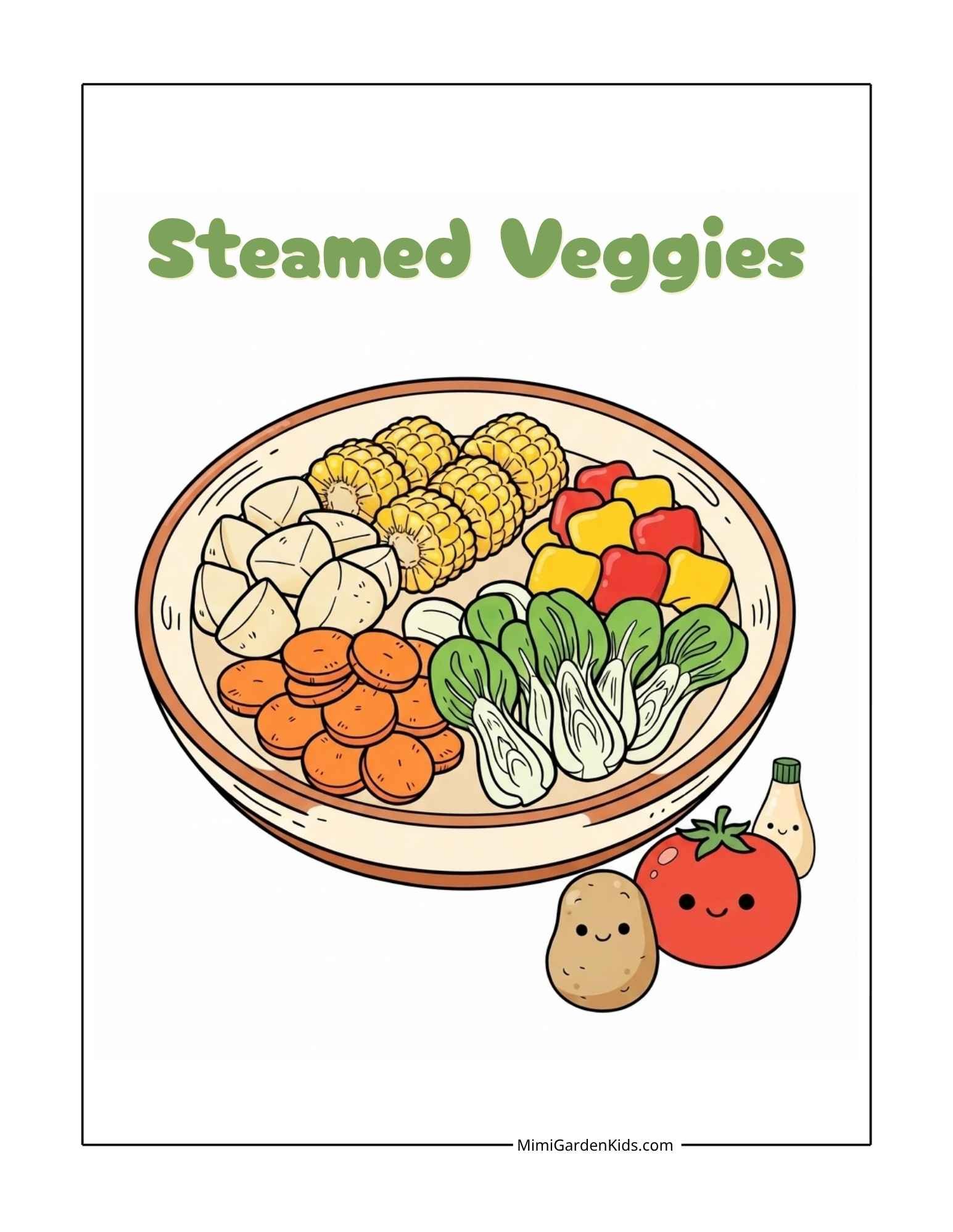 cute food coloring pages - A delightful platter of healthy steamed veggies with adorable smiling friends