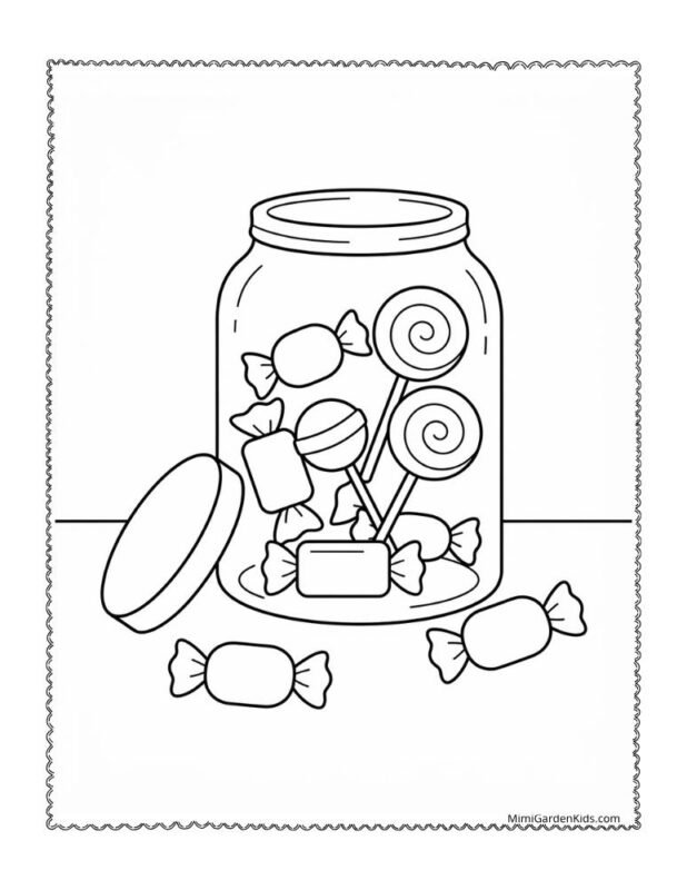 A kawaii-style glass candy jar coloring page with a detached lid, filled with various wrapped candies and large lollipops, designed for preschool students.